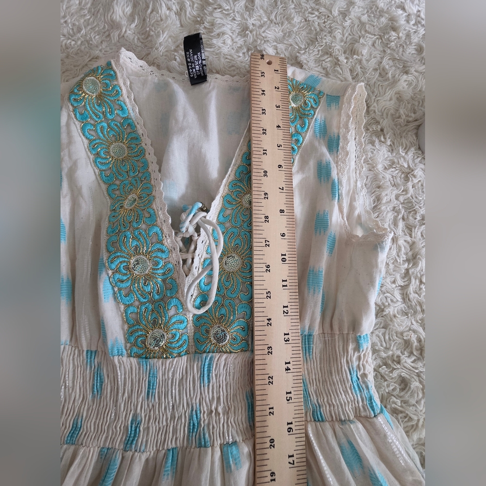 Bohemian V-Neck White Maxi Dress with Teal Embroidery - Picture 6 of 7
